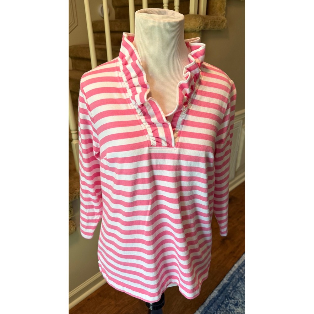 Crown & Ivy Petite Pink White Striped Ruffle Neck 3/4 Sleeve Top PS
